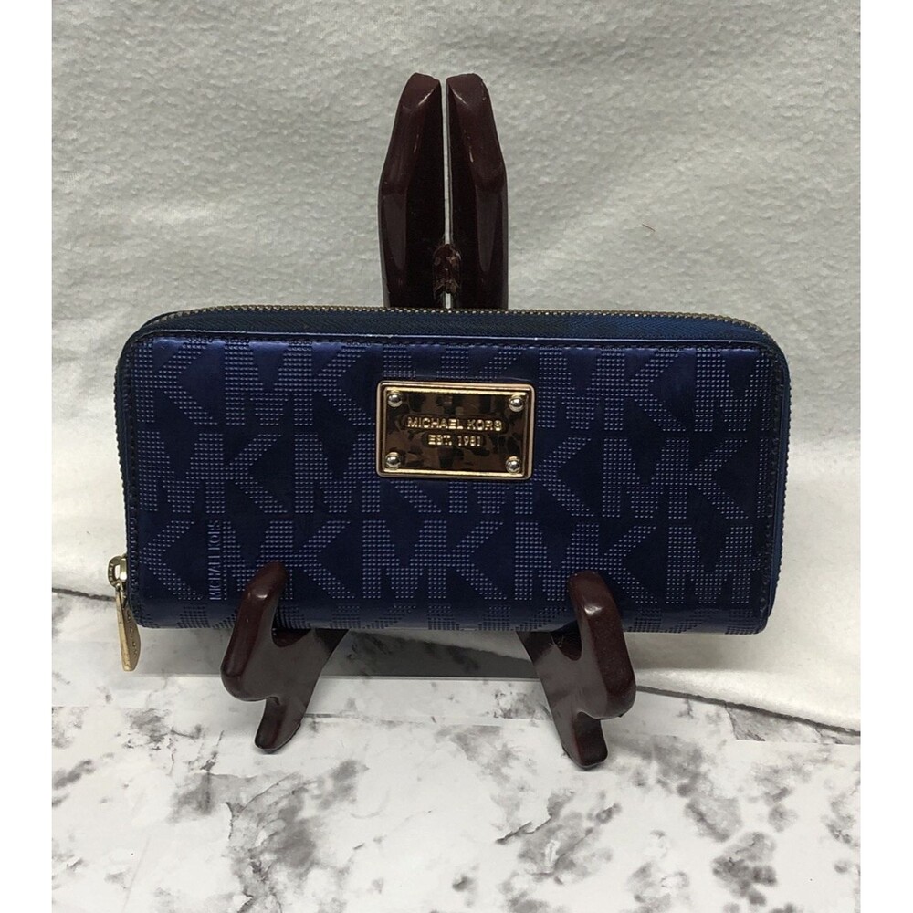 Michael Kors Wallet Blue Patent Leather MK Monogram Zip Around Gold Hardware